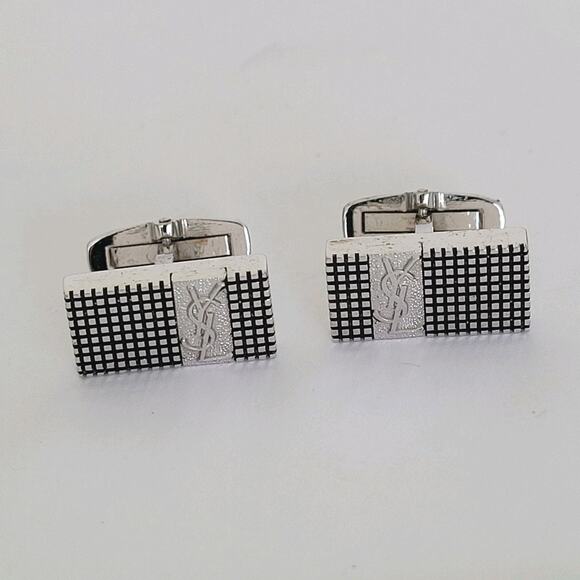 Yves Saint Laurent YSL Silver Tone Rectangle Logo Cufflinks Designer Geometric - Picture 1 of 6